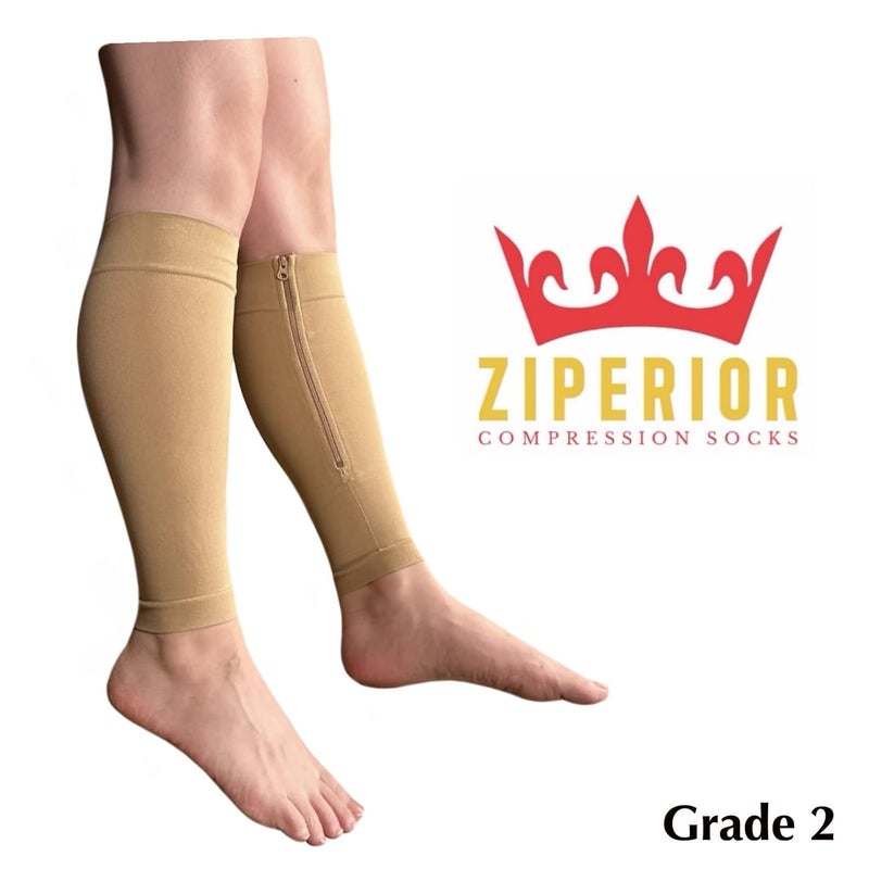 Ziperior Inside Leg 20-30 mmHg Compression Shin Calf No Foot Zipper Sleeves (Nude, Large-X-Large) - Image 2